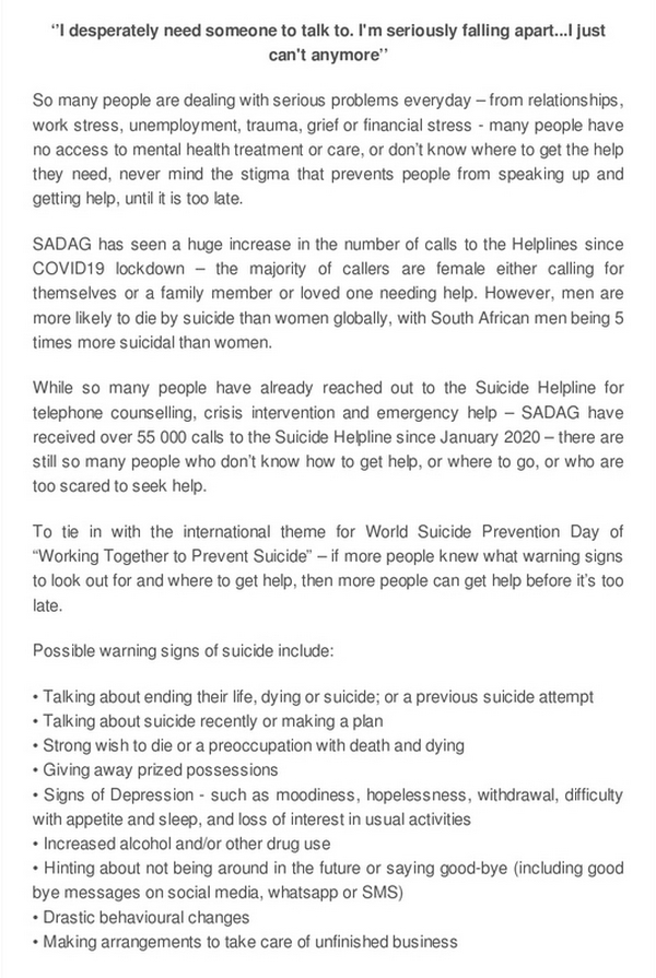 Press Release SADAG Shines a light on Suicide Prevention for World Suicide Prevention Day on the 10th September 2020 2